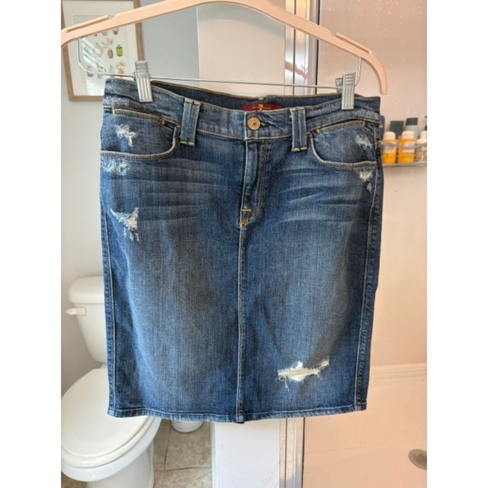7 For All Mankind Distressed Denim Pencil Skirt Blue Jean‎ Size 29 Medium Wash